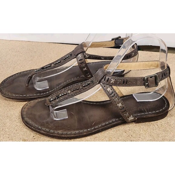 Frye Brown Leather Beaded T Thong Sandals Flats Boho Size Cross stitch - Picture 1 of 16
